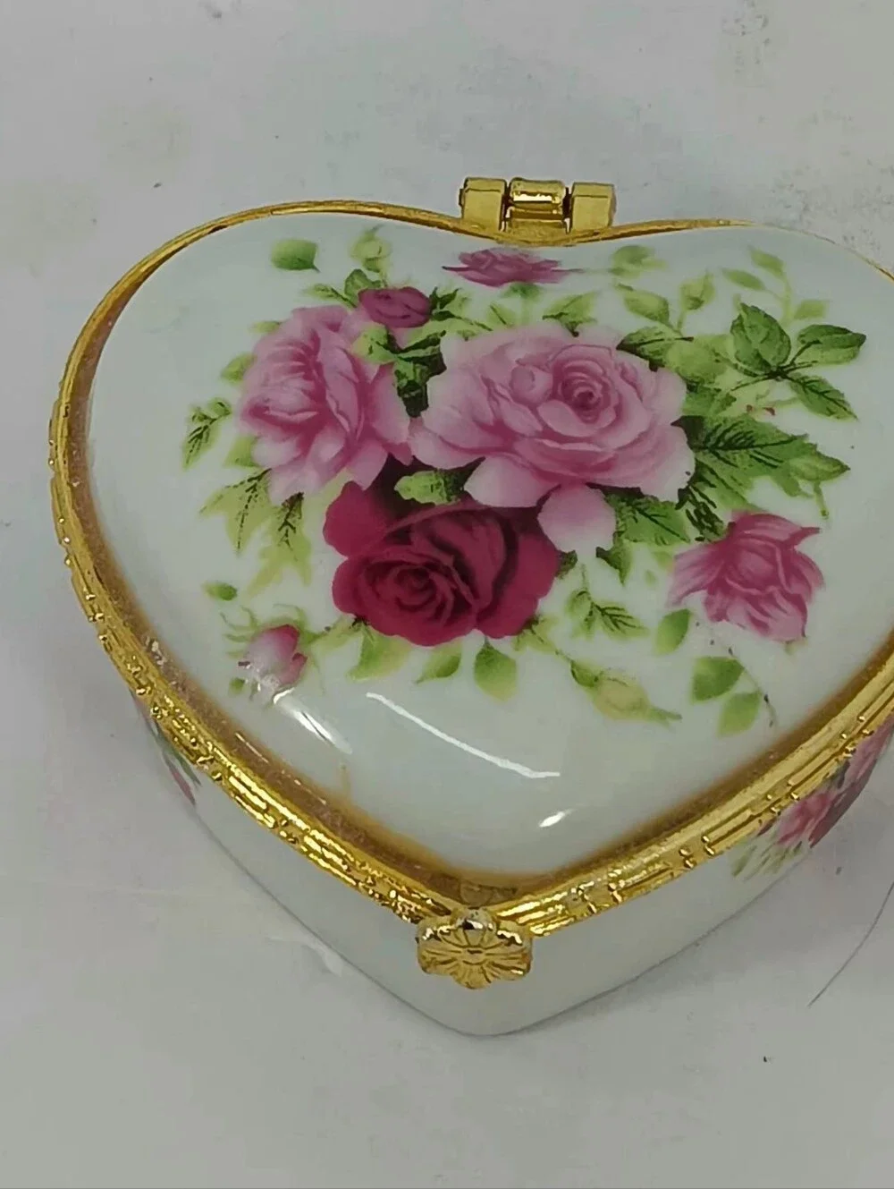 Heart-Shaped Floral Porcelain Trinket Box - Pink & Red Roses